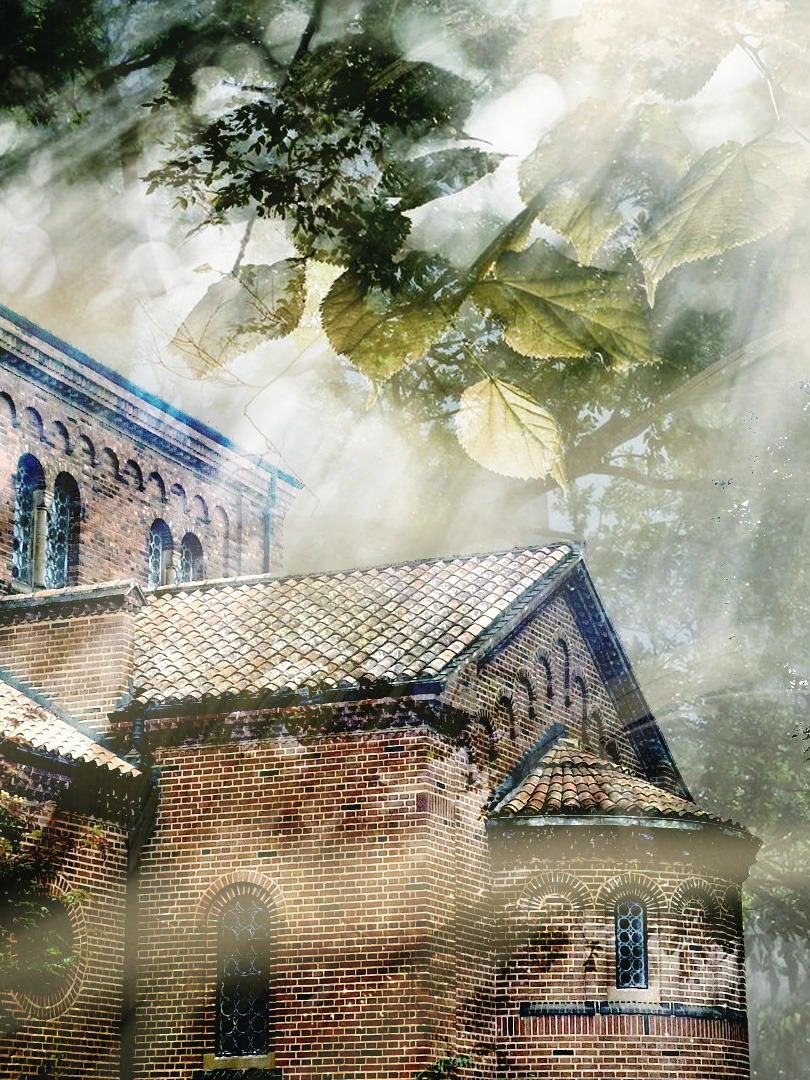 An artistic image of the church, surrounded by green leaves